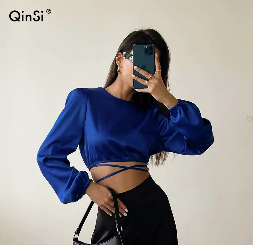 QINSI Women Satin Silk Lace Up Wrap Top Long Sleeve Sexy Backless Crop Top O-Neck Blue Spring Summer Blouse shirts for women