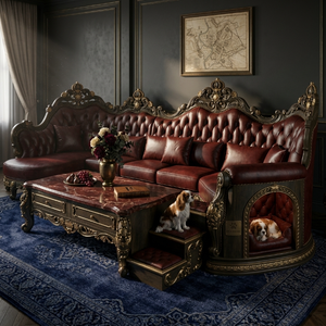 Divano Sezionale Classico in Pelle per Villa di Lusso, Mobili da Soggiorno in Legno Massello Intagliato con Letto Integrato per Animali Domestici - Product Image 1