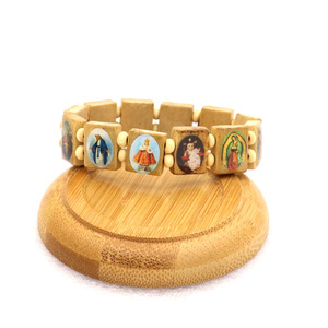 Religious Style Christian Prayer Handmade Wood Beads with <strong>Plates</strong> Virgin Jesus Blessing <strong>Wrist</strong> Bands Wholesale - Product Image 3