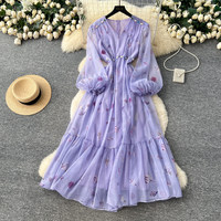 Robe décontractée élégante pour femmes WIWT, col en V, manches longues bouffantes, imprimé, coupe trapèze, pour tous les jours et les vacances, vêtements pour femmes