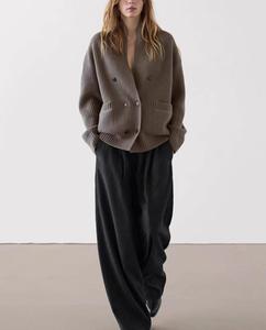 Cardigan di moda personalizzata da <span class=keywords><strong>donna</strong></span> a coste in maglia a doppio petto morbido maglieria <span class=keywords><strong>oversize</strong></span> con bottone maglione femminile - Product Image 2