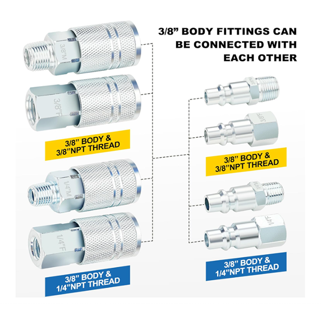 Joroy 10-Pack 3/8" Industrial M-Type Air Compressor Plug – High Flow, 3/8" Male Threads, Steel, 300 PSI Quick Connect Fittings