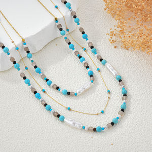 Chic Gris ágata declaración joyería apilable Acero inoxidable piedra Natural turquesa collar con cadena de cuentas - Product Image 1