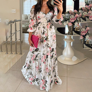 Vestido largo maxi con estampado floral de primavera, estilo europeo americano, elegante, con cuello en V, corte acampanado, para mujer, para uso diario y fiestas. - Product Image 4