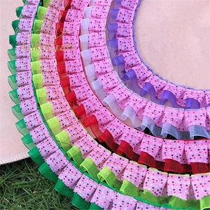 Kain Organza Tulle Poliester 25mm DIY dengan Pinggiran Rajut, Lipit, Motif Titik Pink, Pita untuk Gaun, Kostum, Dekorasi, Rumbai Berlapis 2 - Product Image 5