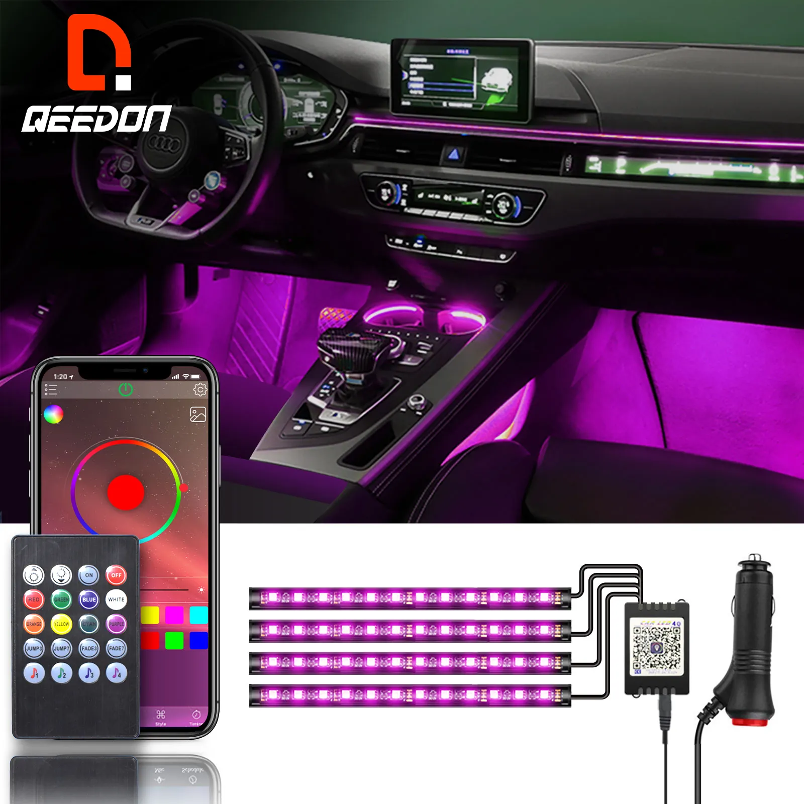 Qeedon 12V 30 LEDSRGBリモートカーデコレーションライトインテリアミュージックシンクエースns雰囲気カーLEDライトストリップ車用