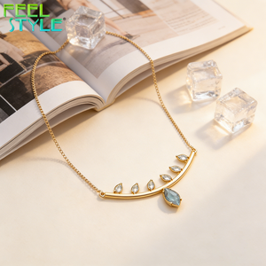 Collar con Colgante de Hoja y Rama con Gema de Circonita Cúbica de Corte Marquesa Totalmente Personalizado para Mujer, Cadena de Acero Inoxidable 316 con Baño de <span class=keywords><strong>Oro</strong></span> Grueso PVD - Product Image 2