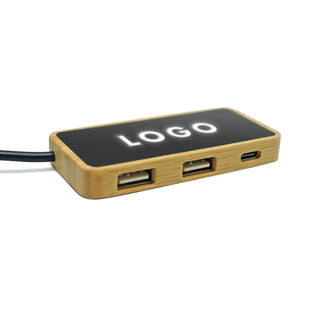 Dual USB Ports Office USB Hub Bamboo Type C with Custom Glow LED Logo USB 2.0 Interface