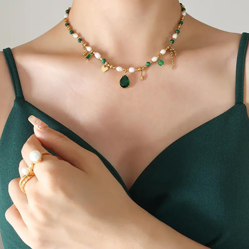 XL22715 New Stainless Steel Freshwater Pearl Necklace 18K Gold Plated Green Zircon Turquoise Jade Necklace Women Fashion Jewelry