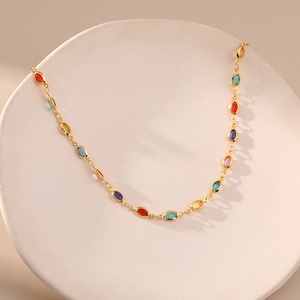 Cadena de oro auténtico de 18 quilates estilo bohemio cadena de eslabones de clavícula de diamante de cristal colorido collar de viaje de estilo étnico de vacaciones
