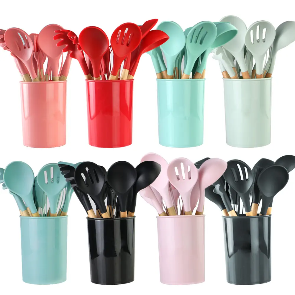 LOGOTIPO Custom 12pcs Cozinha Espátula Ferramentas Silicone Pá Colher Utensílio Set Madeira Handle Padaria Utensílios De Cozinha