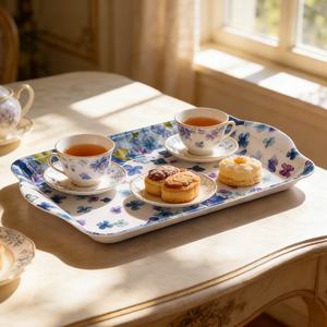 Plateau de service <span class=keywords><strong>pas</strong></span> <span class=keywords><strong>cher</strong></span> pour desserts, collations et boissons, 8,25 pouces x 5,7 pouces, imprimé hortensia, petits plateaux en mélamine pour manger - Product Image 3