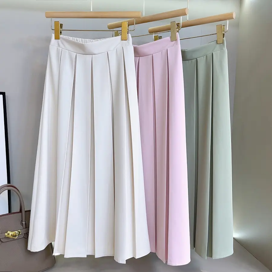 Women Solid Pleated Midi Skirt Drape A-Line Skirt Spring Summer Wrinkle Resistant Ice Silk Skirt