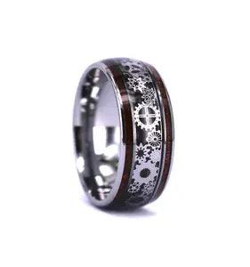 Cincin Pernikahan karbida Tungsten perak 10 mm pria, cincin pernikahan uniseks dengan serat kayu dan gigi Steampunk bertatahkan cincin pernikahan