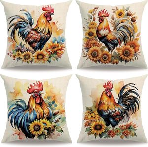 4 Pezzi Federe Decorative Stile Fattoria con Gallo, Design Gallo e <span class=keywords><strong>Girasole</strong></span> in <span class=keywords><strong>Acquerello</strong></span>, Ideali per Decorazioni Casa, Esterni, Terrazze e Giardini - Product Image 1