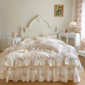 <span class=keywords><strong>Parure</strong></span> <span class=keywords><strong>de</strong></span> <span class=keywords><strong>lit</strong></span> 4 pièces en coton 100% style français, <span class=keywords><strong>avec</strong></span> volants en dentelle et motifs floraux, style princesse, pour la maison - Product Image 4