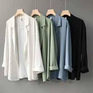 2024 Spring Autumn Pure Color Women Office Shirts Stylish Large Size Satin Silk Shirts Long Sleeve Blazer for Female