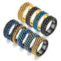 Bague unisexe en acier inoxydable électroplaqué à double chaîne rotative pour l'approvisionnement transfrontalier, vente en gros de bijoux