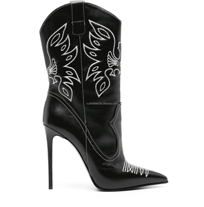 Bottes de cowboy vintage à bout pointu et sexy Bottes en cuir blanc Stiletto pour femmes Bottes de cowboy en cuir brodé Le S Western <span class=keywords><strong>140mm</strong></span> - Product Image 5