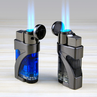 Briquet à double flamme personnalisé en alliage de zinc pour cigares, avec grand réservoir de carburant visible et bouton de réglage de la flamme – Vente en gros