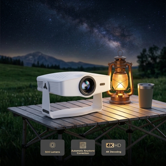 JUNUO J500 LED 500 ANSI Lumens 4K 1080P Android 14 Portable Projector with Wireless Screen Mirroring and Built-in Speakers