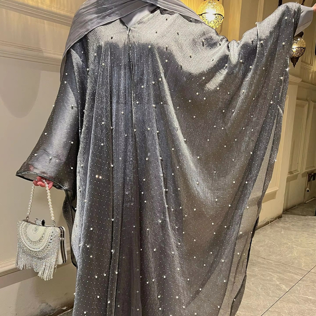 Glitter Open Abaya Muslim Women Eid Islamic Elegant Modest Inner Slip Dress Set Diamond Pearl Satin Silk Abaya 3pcs Dress