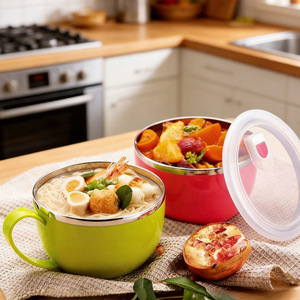 Stainless Steel Instant Noodle Bowl With Handle Airtight <b>Lunch</b> <b>Box</b> For Students Round Solid Color Pink Blue Green - Product Image 1