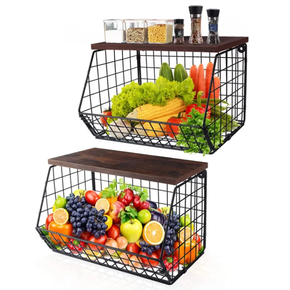 Industrial Style Wall Mounted Countertop Kitchen Counter Wood Fruit Basket With Wire Baskets Vegetable Storage Stackable