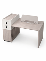 Poste de travail de bureau modulaire contemporain pour 2 personnes avec écran de confidentialité, coins arrondis et tiroir de rangement superposé blanc