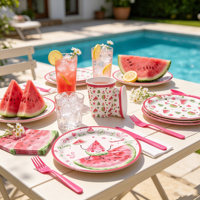 Vaisselle de fête d'anniversaire à la pastèque rose, assiettes en papier jetables, gobelets, serviettes, décorations de fête aux fruits d'été