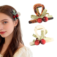 Haarclip met kersen-hanger voor dames en meisjes, medium strik van lint, plastic haaraccessoires clip