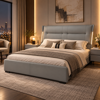 Lit rembourré en cuir écologique gris avec éclairage intelligent à capteur, cadre de lit réglable, mobilier de chambre moderne rembourré