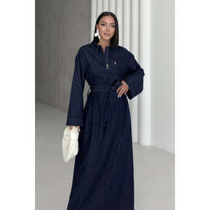 Vestido largo vaquero con cinturón, cuello vuelto, lavado oscuro, estilo camisero, cruzado y con lazo, azul marino para mujer - Product Image 2