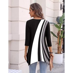 FOXA Women's 3/4 Sleeve <b>Asymmetrical</b> <b>Hem</b> Tunic Shirt Plus Size Loose Blouse Crew Neck Spliced Design Long <b>Top</b> for Casual Wear - Product Image 5