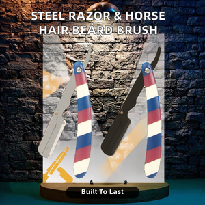 Rasoir manuel en acier inoxydable avec manche en plastique, brosse à barbe en crin de cheval, outil de toilettage pour le rasage du visage des hommes - Product Image 2
