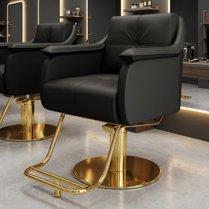 Sillón de Barbería Contemporáneo de Cuero Sintético Negro con Base Hidráulica Dorada, Altura Ajustable, Muebles de Salón - Product Image 1