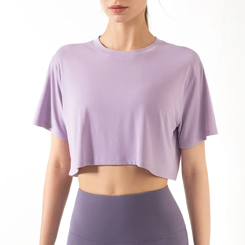 थोक महिलाओं मोडल क्रू गर्दन टी शर्ट फसल शीर्ष लघु आस्तीन