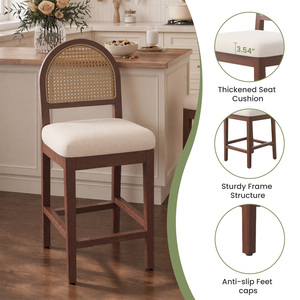 Modern Natural Woven Rattan <b>Back</b> Bar Counter <b>Stools</b> Thick Sponge Cushion Wooden Chairs for Outdoor Hotel & Dining Use - Product Image 2