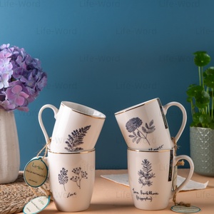 Vente en gros de tasses botaniques en céramique verres en porcelaine avec imprimés végétaux et garnitures dorées tasses à café quotidiennes pour la maison et le bureau - Product Image 1