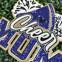 Patch en chenille thermocollant pour vêtements, motif 'Maman Cheerleader' à sequins, grand logo, pour les fêtes, vente en gros