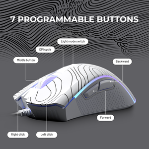 Проводная эргономичная игровая мышь XVX, белая, с топографическим дизайном, 12000 DPI, RGB-подсветка, 12 режимов, 7 программируемых кнопок, интерфейс USB, поддержка ПК - Product Image 3