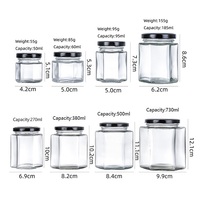 Bocaux carrés vides transparents de qualité alimentaire pour épices, cornichons et miel, en verre hexagonal, 45ml, 60ml, 85ml, 100ml, 180ml, 280ml, 380ml, 500ml, 730ml