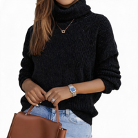 Pull court à col roulé épais noir et argenté à pois pour femme, en maille courte à col bénitier avec de minuscules taches argentées, vente en gros
