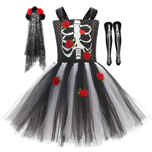 Costume de mariée fantôme crâne effrayant pour filles, robe de sorcière d'<span class=keywords><strong>horreur</strong></span> d'Halloween, robe de carnaval noire et rouge, déguisement avec voile et chaussettes - Product Image 3