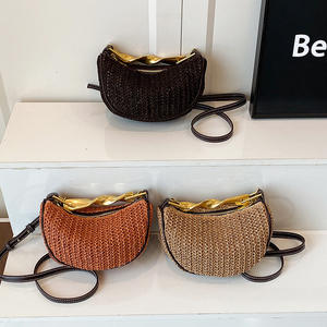 Bolsos de paja de verano Bolsos de mano con asa superior de metal Bolsos de hombro para mujer 2 correas Bolsos de hombro con cadena - Product Image 1