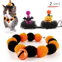 Ensemble d'accessoires pour animaux de compagnie pour Halloween, 2 pièces : coiffe chauve-souris et collier pompon orange et noir pour chats