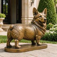 Statue de Corgi grandeur nature en bronze, sculpture en métal moulé brun antique avec base intégrée pour entrée de villa de luxe ou jardin