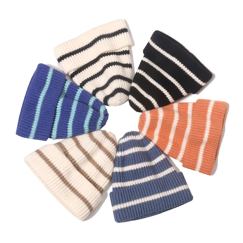 Moda elegante cálido mujer 6 colores Chunky Stretch Stripe jacquard tejido Beanie Hat Unisex Skull Thick Ski Hat