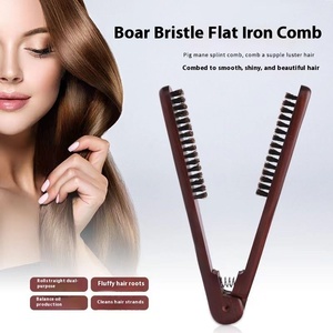 แปรงหวีผมตรงสำหรับผู้หญิง รุ่นใหม่ ทนความร้อน ป้องกันไฟฟ้าสถิตย์  ด้ามไม้ไผ่รูปตัววี ขนแปรงคู่ ทนทาน  พร้อมหวีไนลอน - Product Image 3