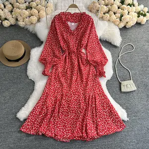 Chic korean dress supplier ditsy floral lantern sleeve casual dresses women elegant sexy summer v neck ruffle maxi dress